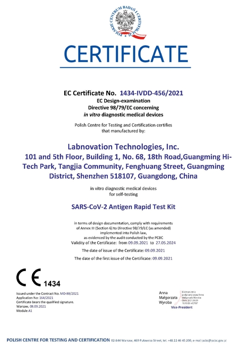 ชุดทดสอบอย่างรวดเร็ว SARS-CoV-2 Antgen ของ Labnovation (สำหรับการทดสอบตัวเอง) ผ่านการรับรอง CE